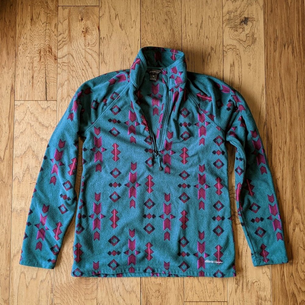 Eddie Bauer Fleece Small Sweater Green-Blue Southwest Native American Motif
